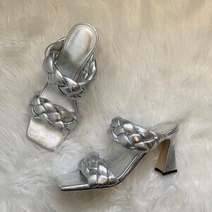 Marc Fisher Hammy Silver Leather Woven Strap Square Toe Sandal Heels Sz 7.5